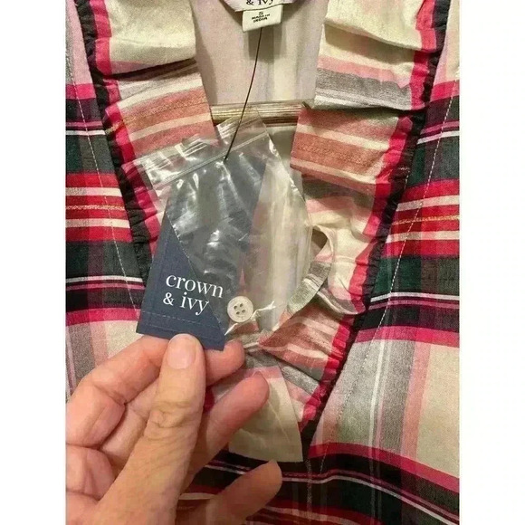 Crown & Ivy Womens Plaid Satin‎ Ruffle V-neck Blouse Top Small Multi Colored NWT - Picture 8 of 10